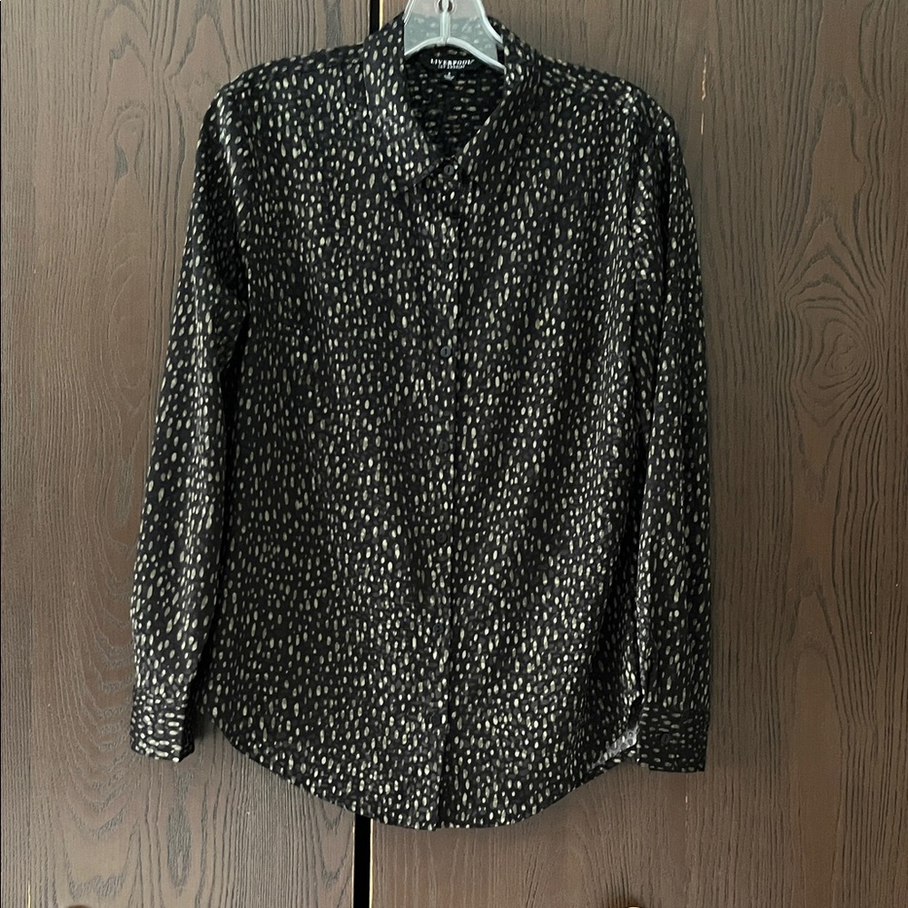 Liverpool long sleeved black blouse with shiny green dots. Size Small